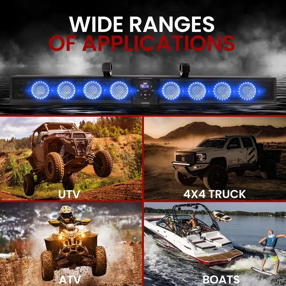 46" Marine Waterproof Soundbar with RGB Lights, 240W RMS 8-Woofer High-Power Bass Audio, Handlebar-Mount Bluetooth Speaker with Remote, Usb/Cable Connectivity, Smartphone Wireless Streaming for Outdoor Use