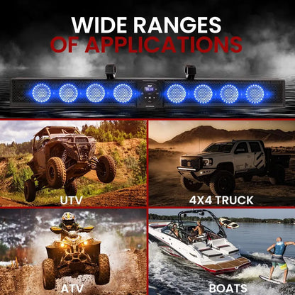 46" Marine Waterproof Soundbar with RGB Lights, 240W RMS 8-Woofer High-Power Bass Audio, Handlebar-Mount Bluetooth Speaker with Remote, Usb/Cable Connectivity, Smartphone Wireless Streaming for Outdoor Use