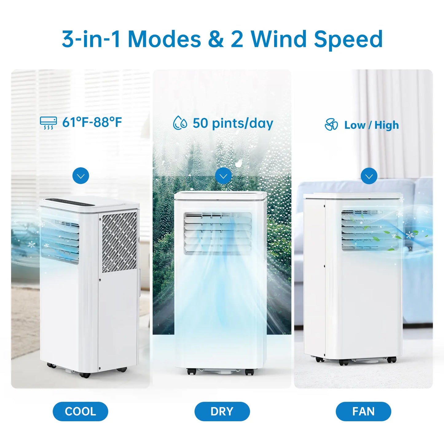 Garvee 14K/10K/8K BTU Fast & Quiet Cooling Portable Air Conditioner, 4‑In‑1 AC Unit with Dehumidifier & Fan, LED/LCD Display, Remote Control, 24H Timer, 4‑Way Swing, 360° Wheels & Window Kit for Bedroom Office Home