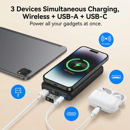 Podoru 10000Mah Compact Magnetic Magsafe Power Bank, 15W Wireless Charger with LED Display, 20W PD USB-C Fast Charging Battery Pack for Iphone 17/16/15/14/13/12 Series, Smartphone & Earbuds Silicone Accessories Compatible